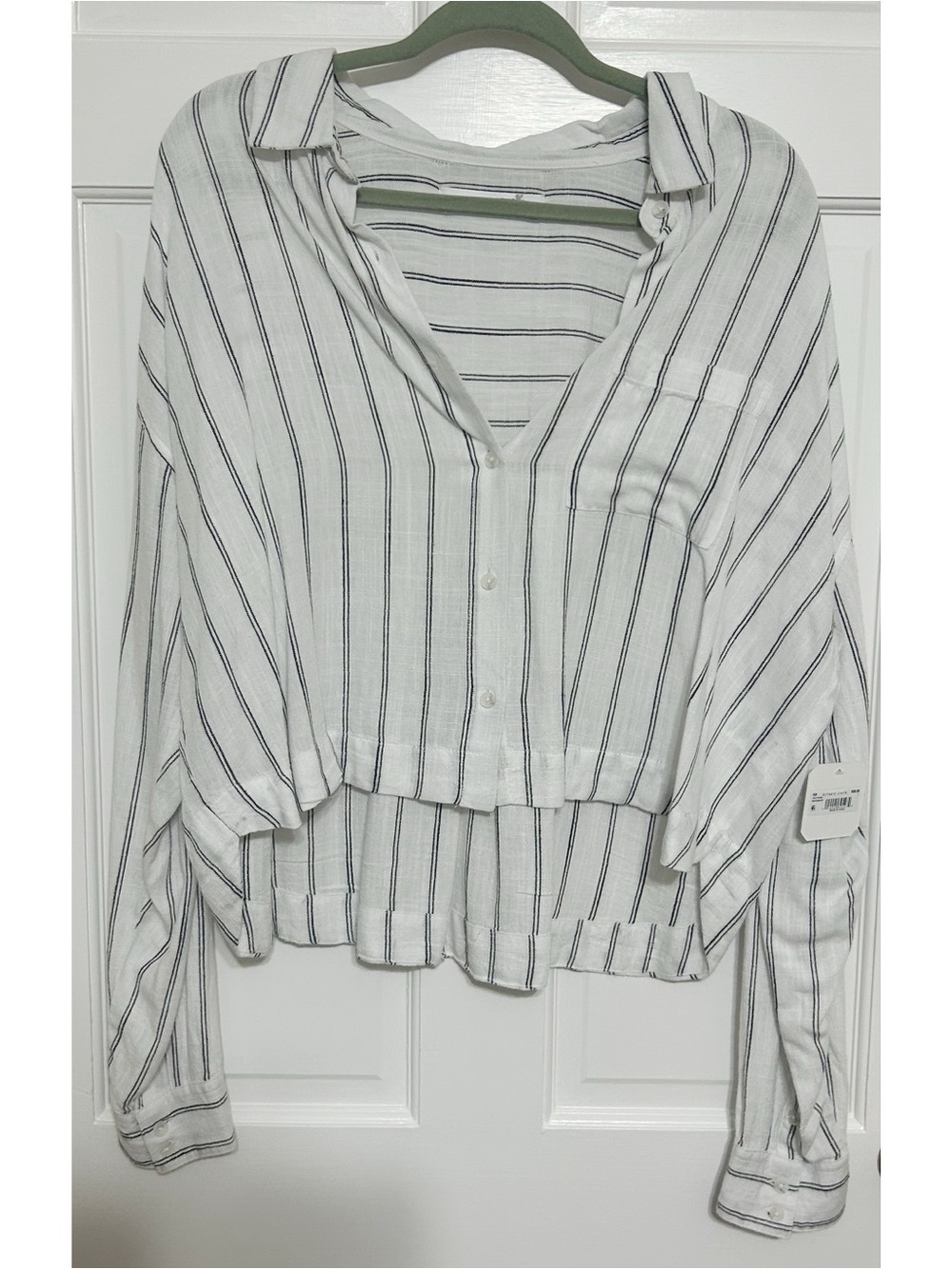 Altar'd State White Cropped Button-Front Top with Black Stripes